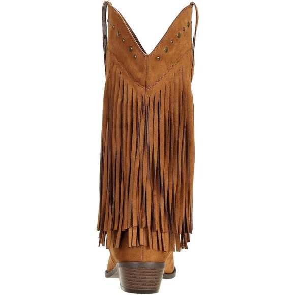 Women's Brown Cow Girl Block Heel Calf High Faux Suede Western Boots Shoes - Picture 3 of 9